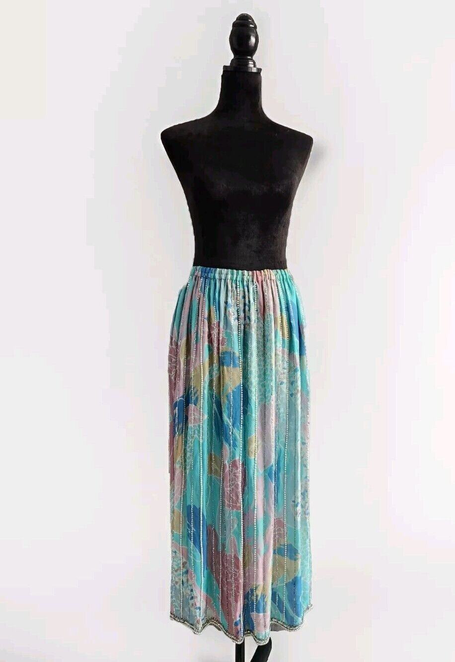 Unbranded Embellished Beaded Sequin Floral Silk Chiffon Maxi Skirt Pastel Medium